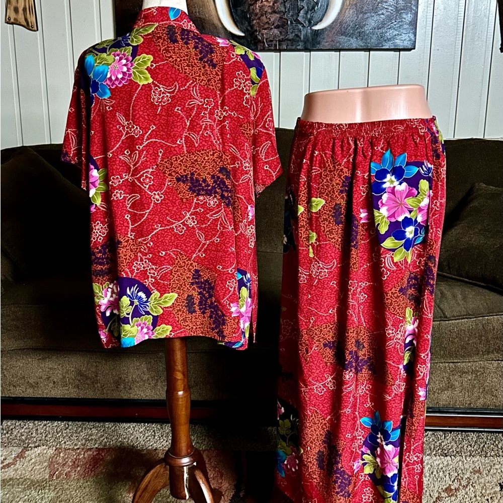Clio II • Vintage • 1980’s • Size 1X • 2 Pieces • Red • Asian • Floral • Dress - Picture 10 of 14